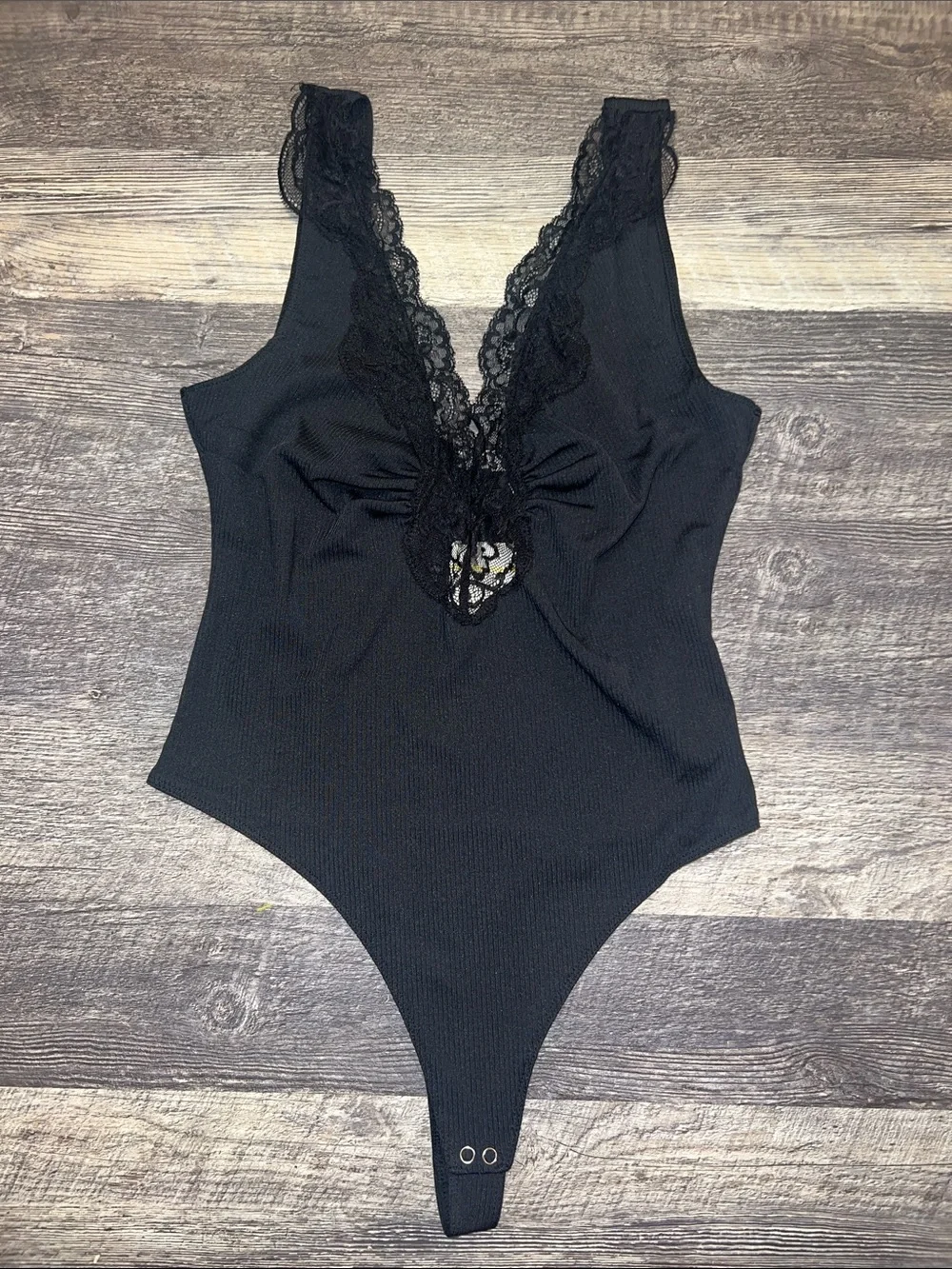 NWT Free People First Call Black Lace Trim V-Neck Ribbed Body Suit